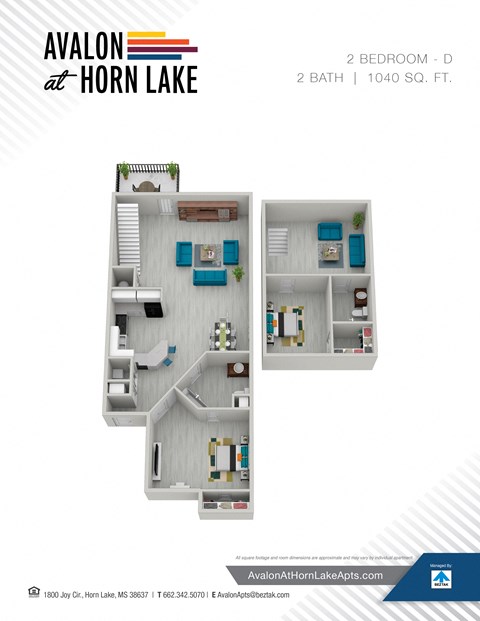 Floor plan for 2 beds, 2 baths, 1040 sqft